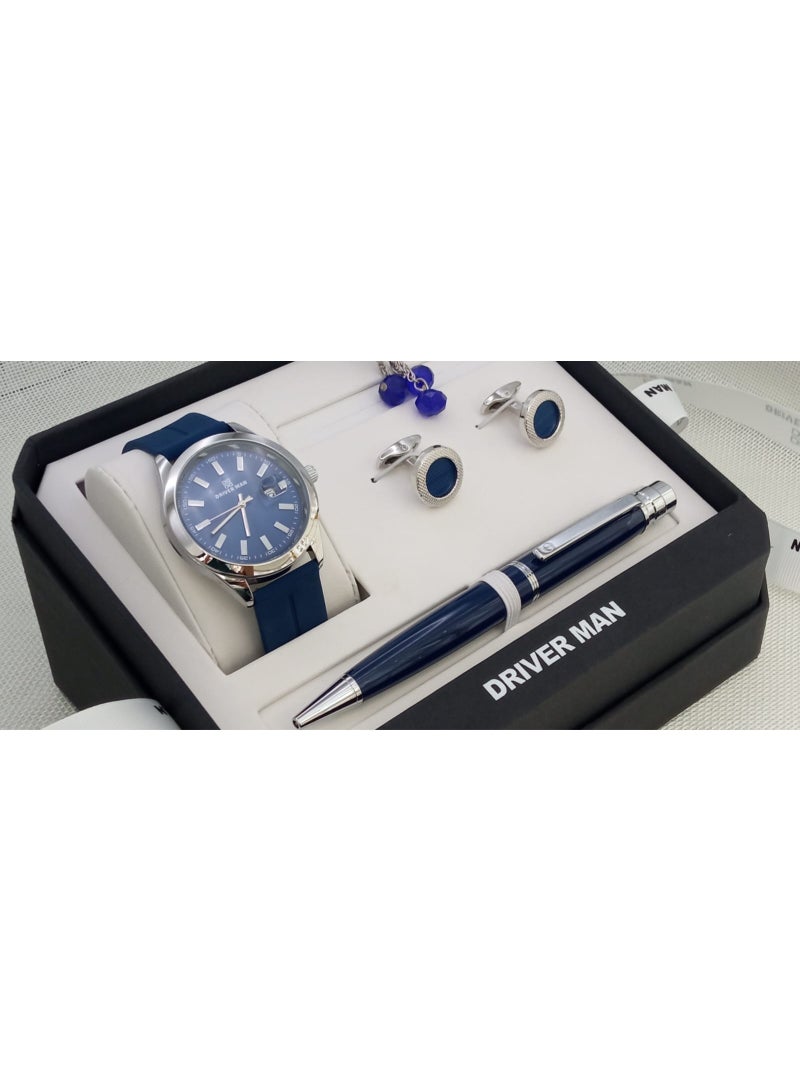 A wonderful stainless steel men's set consisting of a watch, a rosary, a pen and cufflinks half steel